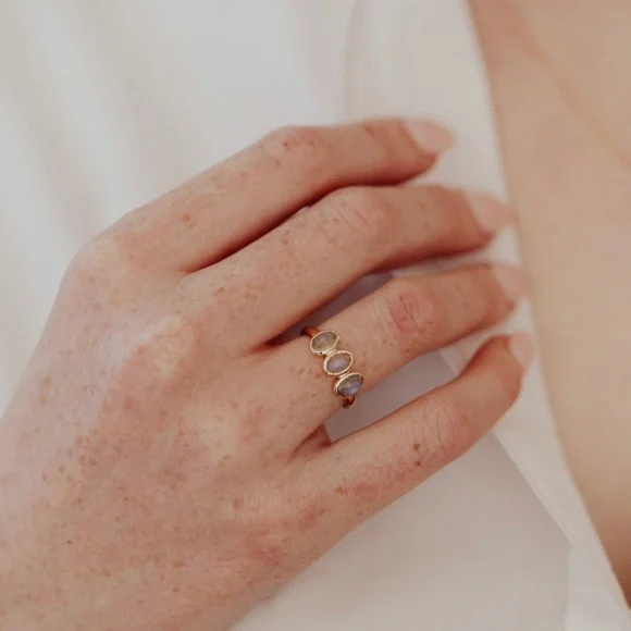 Genuine Natural Labradorite Triple Stone Sterling Silver 14k Gold Ring - Picture 3 of 5